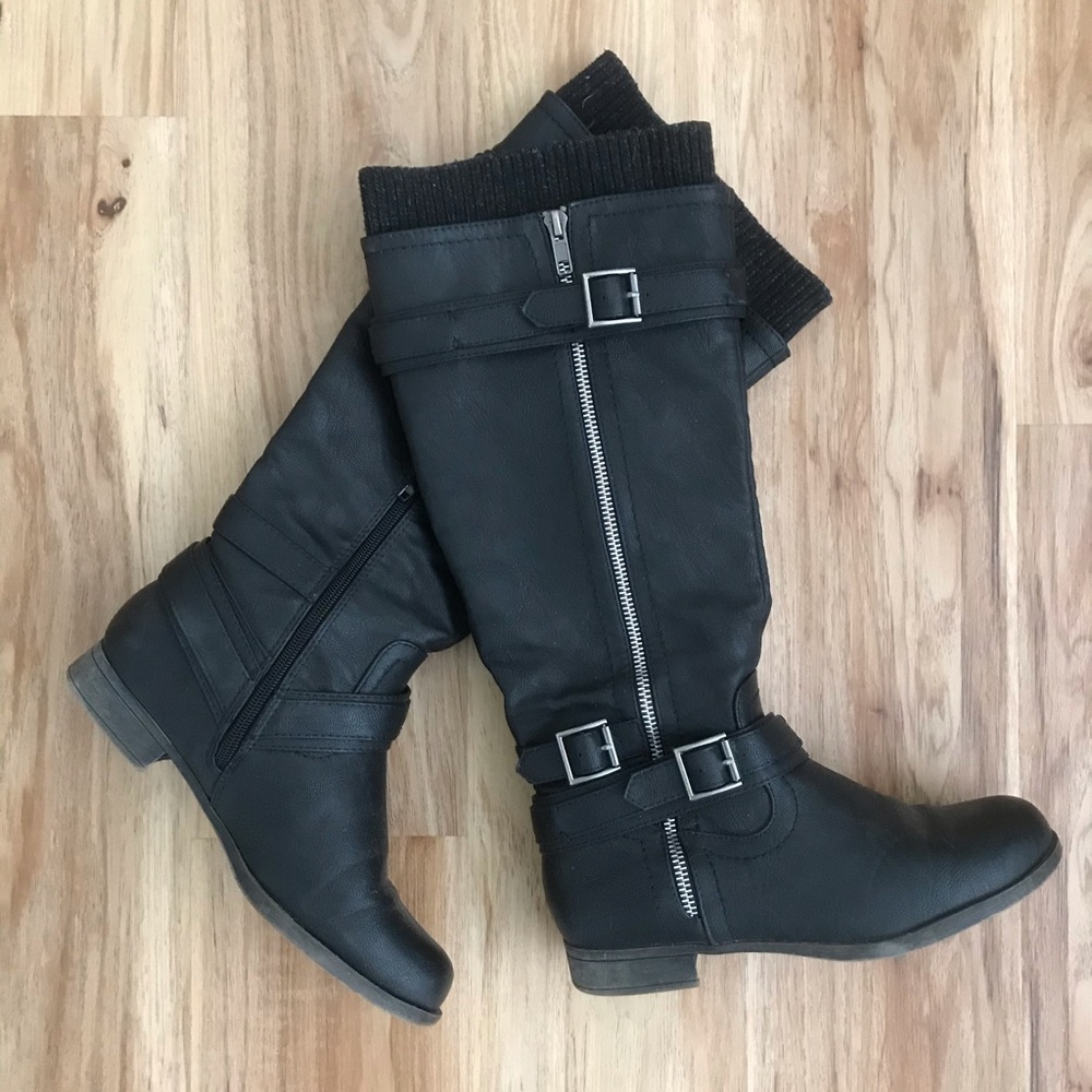 Black Faux Leather Sweater Boots 6.5